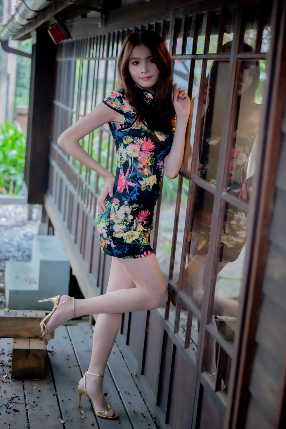 [Mzsock] NO.202 He Jiaxin black flower short cheongsam stockings high heels beautiful legs street photography#[97P]-6